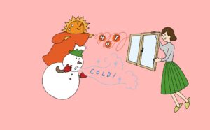 夏の太陽と冬の雪ダルマが窓を持っている女性に熱風と寒気を吹きかけているイラスト