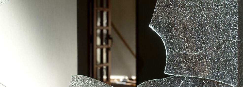 空き巣がガラスを割ったようなガラスが割れ部屋が見えている写真