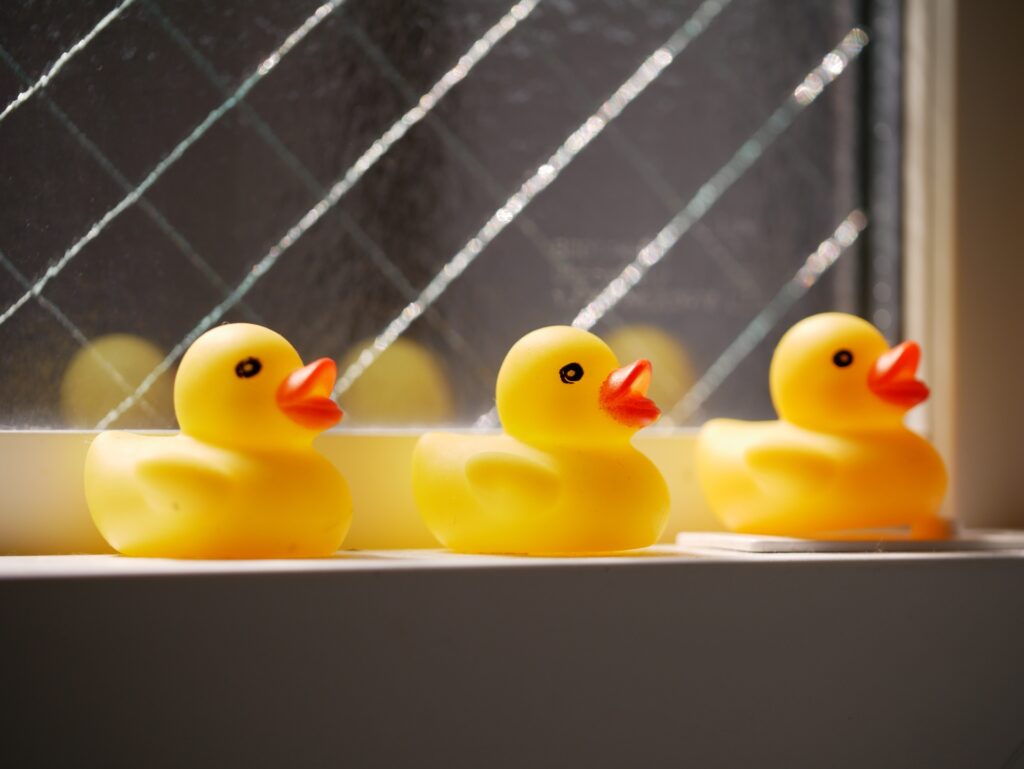 窓辺に置かれたあひるのおもちゃ
