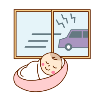 窓の外は車の騒音があるのに内窓ですやすや眠る赤ちゃん