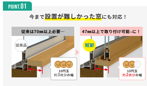 YKK新商品ウチリモの取付幅が10円だ枚枚分薄くなった説明写真