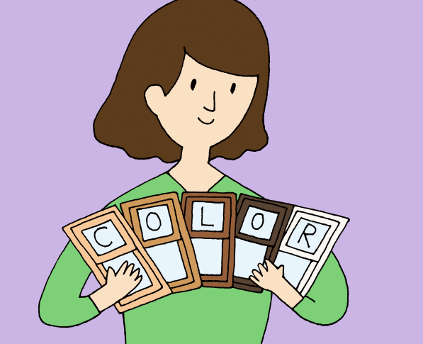 女の人のイラストが窓のいろんな色をもっているところ