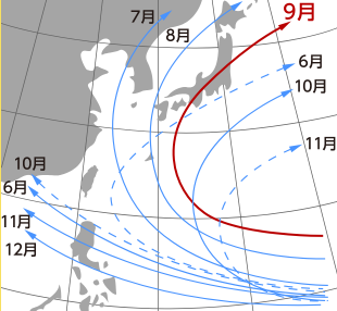 台風の月別の主な経路